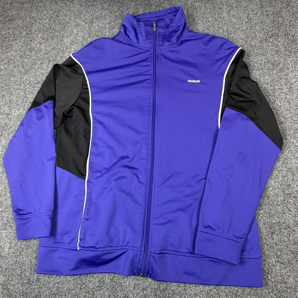 VTG Fit Reebok Mens 2XL Track Jacket Purple Black Full Zip Mock Neck Activewear
